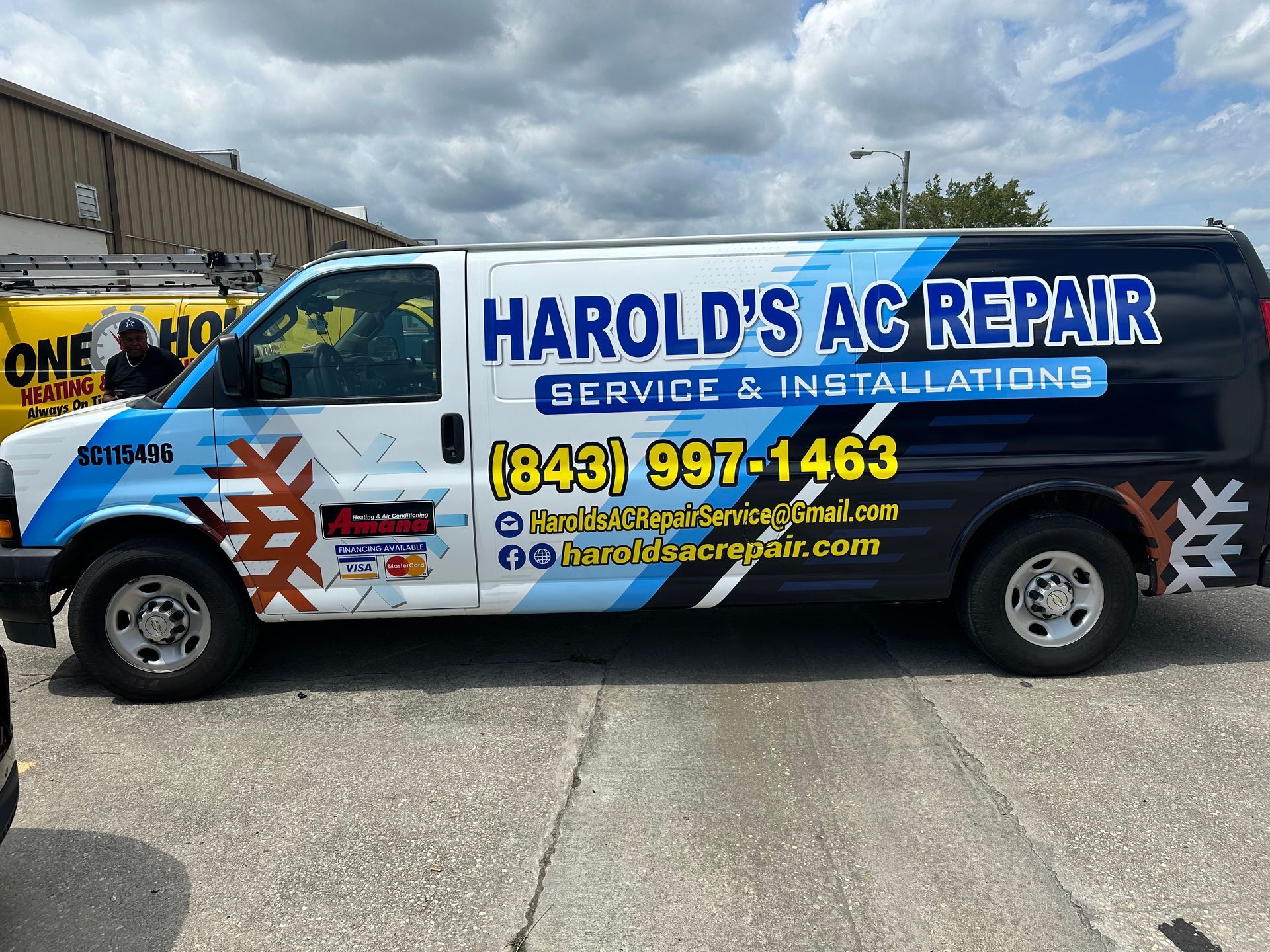 A harold 's ac repair van is parked on the side of the road