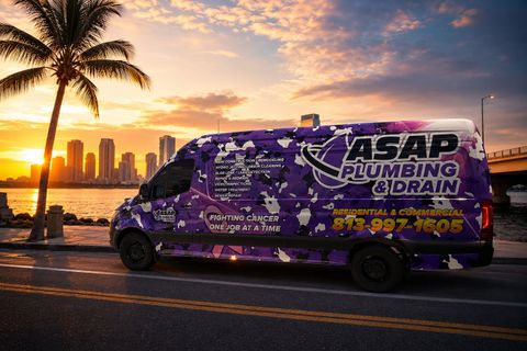 Purple ASPA Plumbing & Drain van driving by waterfront at sunset with city skyline and palm trees