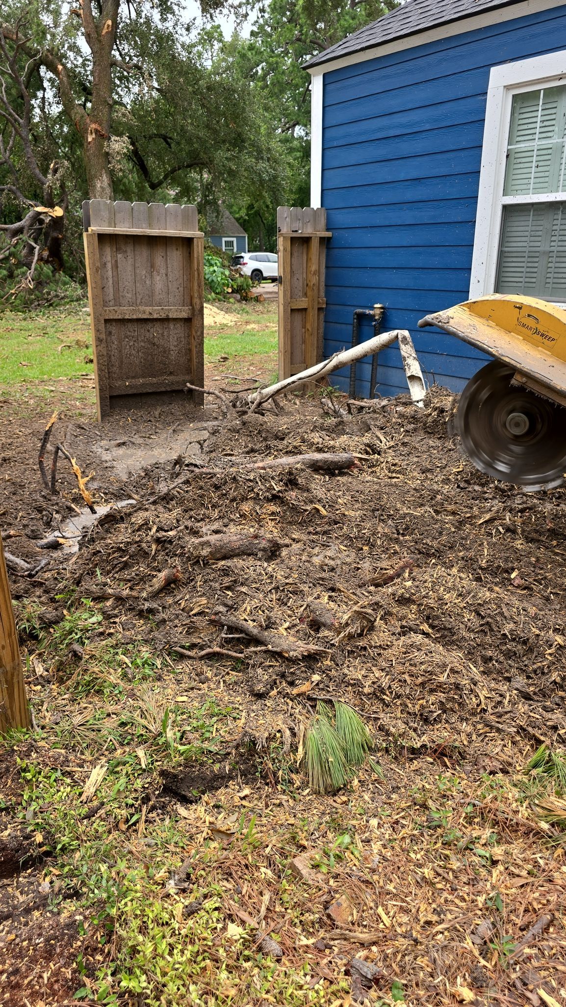 A blue-sided building stands near a wooden fence, with a metal pipe extending from the wall over a bed of dry leaves.