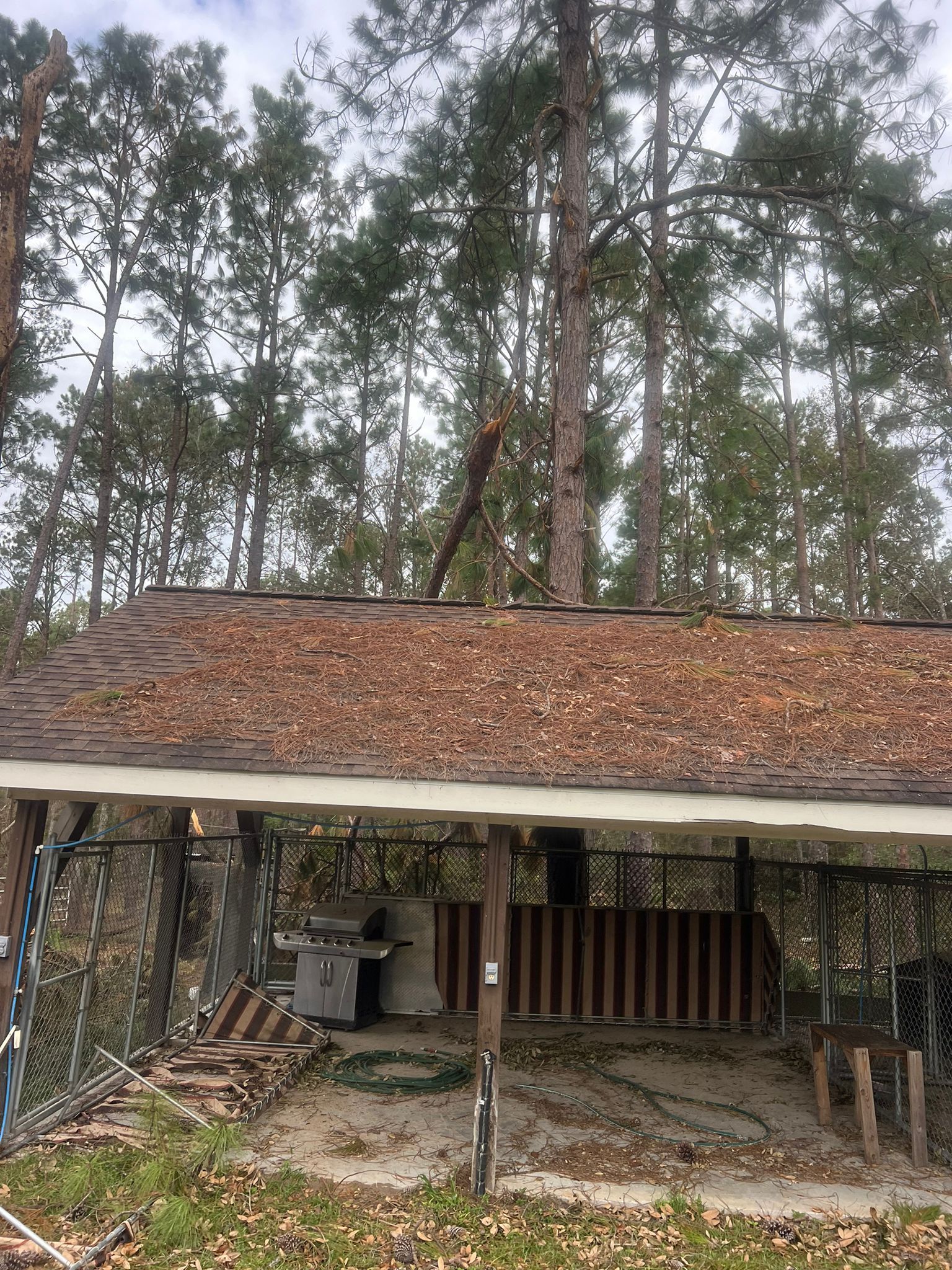 A broken tree limb rests on the shingled roof of an outdoor patio structure filled with leaves and patio furniture.