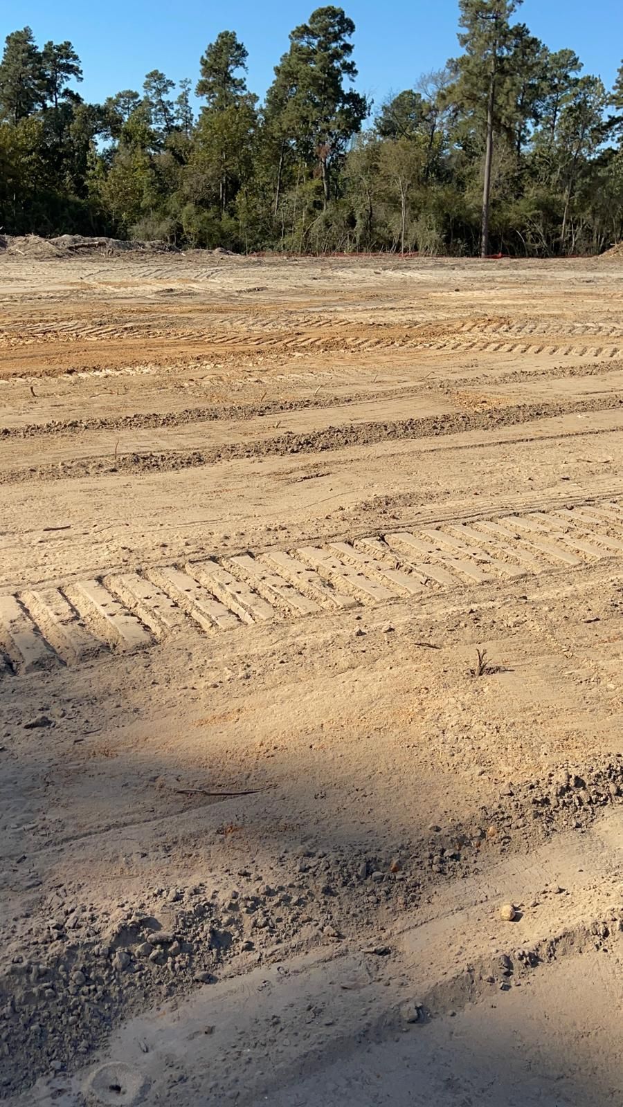 A wide view of a cleared construction site with dirt, tire tracks, and a forest line in the background under a blue sky.