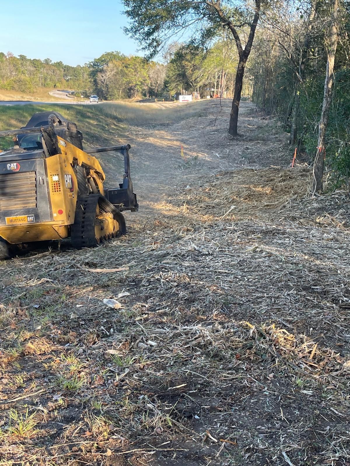 A yellow skid steer tractor clears brush and small trees from a rural dirt field on a sunny day.