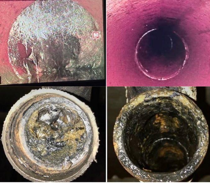 A collage of four pictures of a rusty pipe