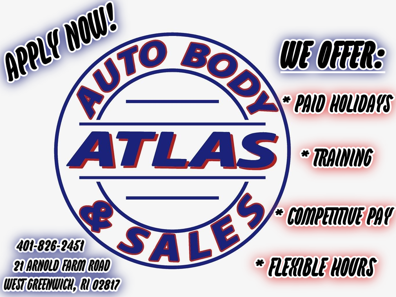 Advertisement for Atlas Auto Body & Sales: offers paid holidays, training, competitive pay, flexible hours.