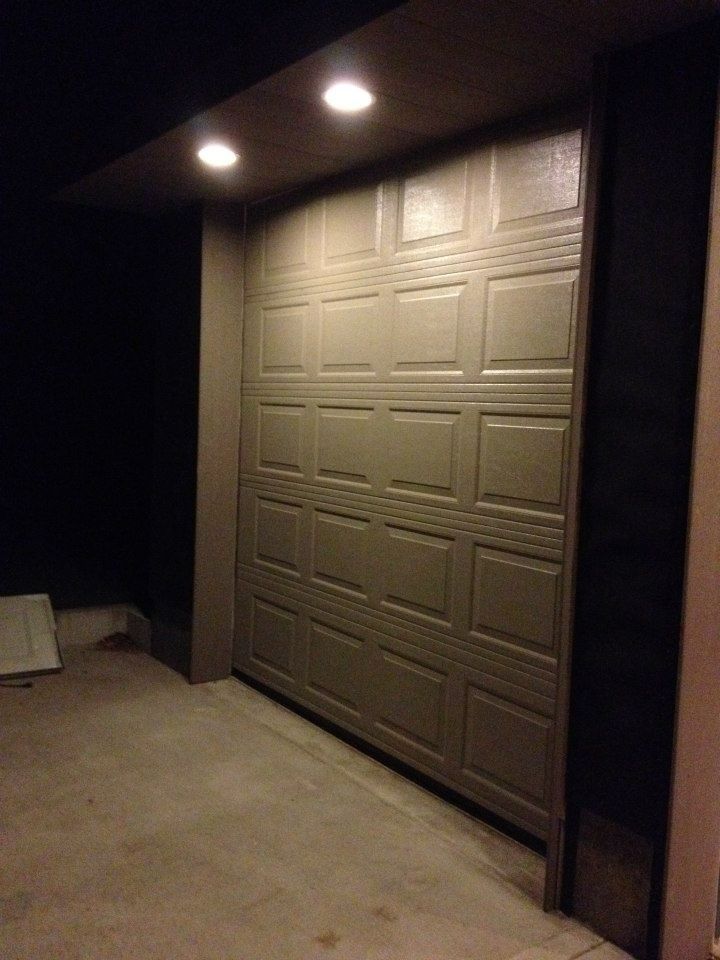 Residential garage door at night
