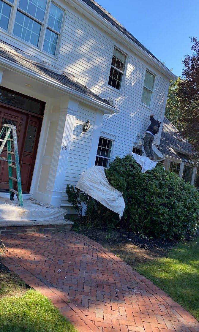 White house facade damaged by fallen tree limbs, with a brick walkway, front door, and ladder nearby