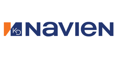 Logo of Navien, a company. The logo has text in blue with orange accents.