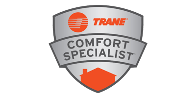 Trane Comfort Specialist badge, silver shield with orange house, text 
