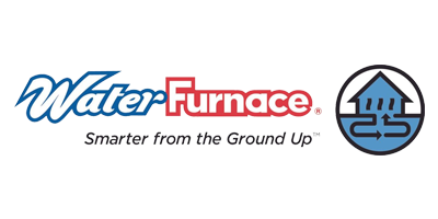 WaterFurnace logo with text and house graphic, blue and red colors. Smarter from the Ground Up.