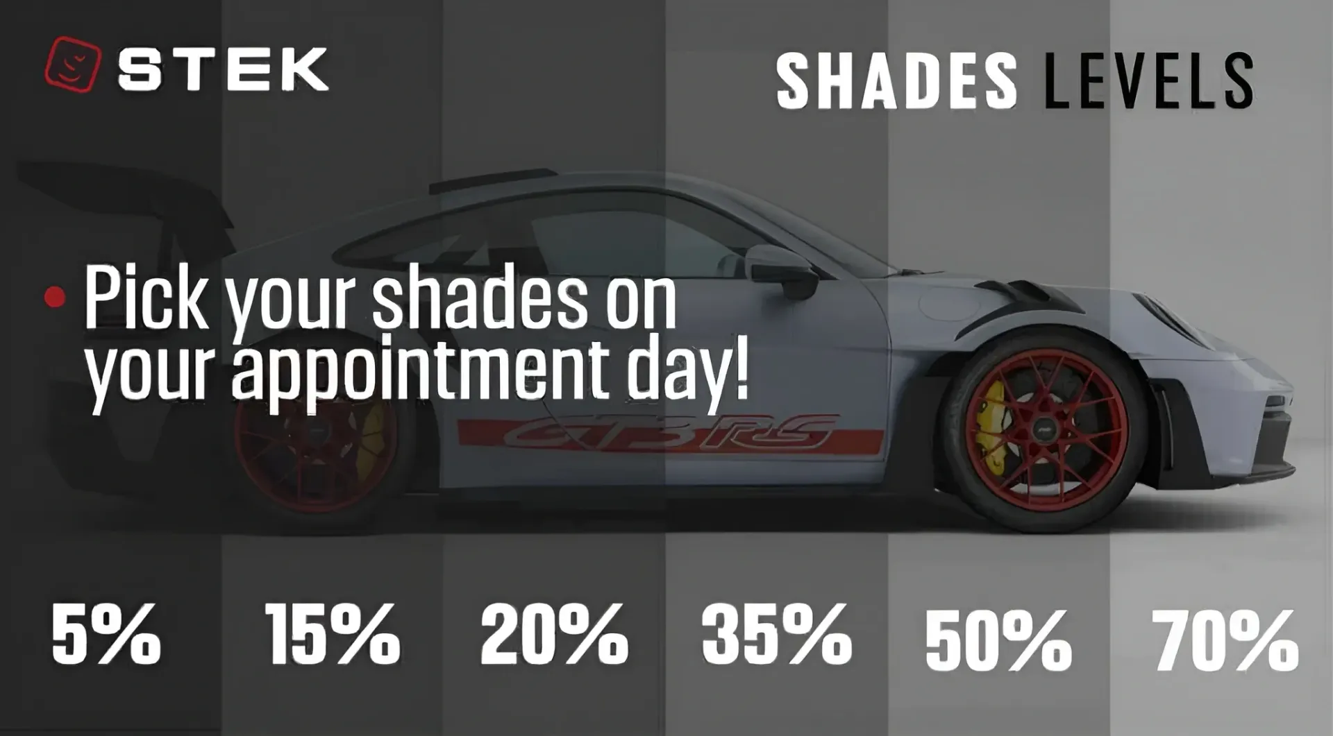 Car tint shade levels from 5% to 70% displayed on a white sports car. 