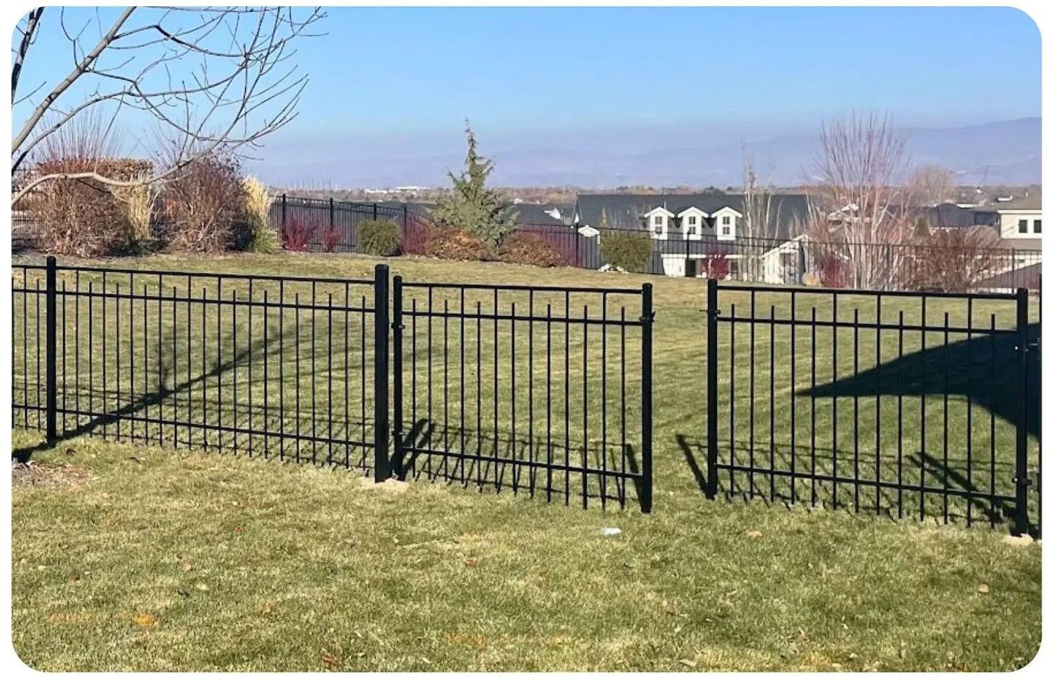 Black metal fence on a grassy hill, with suburban houses in the background under a blue sky.