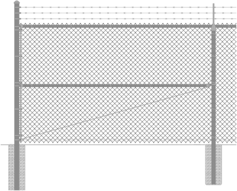 Chain link fence with barbed wire on top, grey posts, and concrete base.