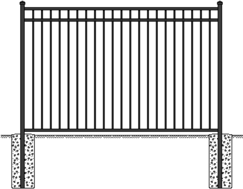 Black metal fence with vertical bars and two concrete posts.