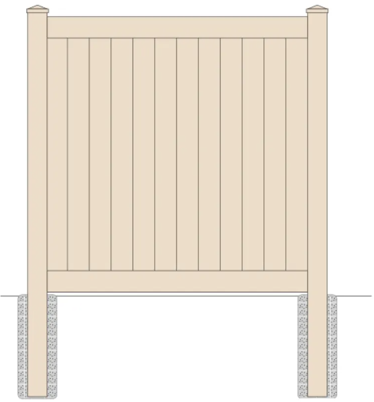 Beige vertical plank fence with posts set in concrete.