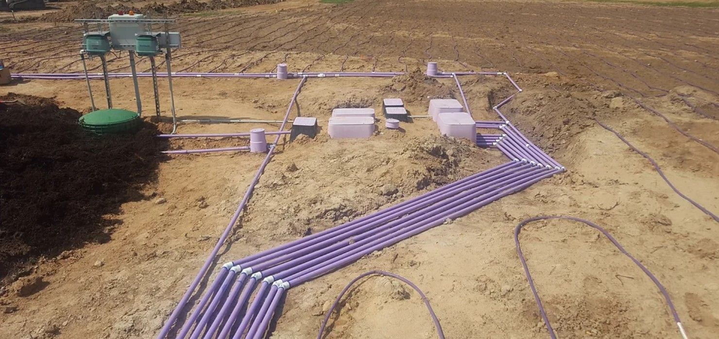 a bunch of purple pipes are laying in the dirt