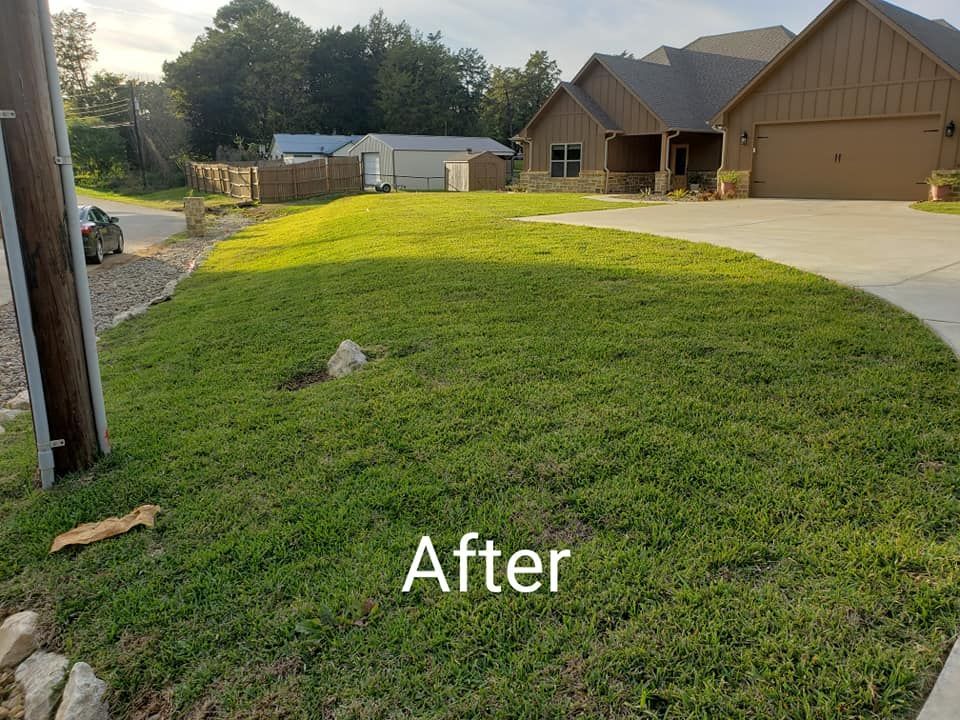 a picture of a lush green lawn with the words after below it