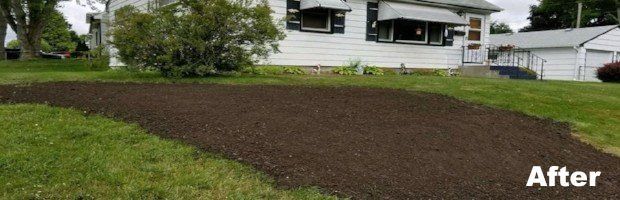 Freshly mulched front yard with a large brown garden bed in front of a house, labeled “After”