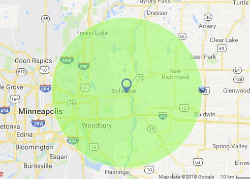 Map of Minneapolis area with a green circular coverage zone centered near the city.