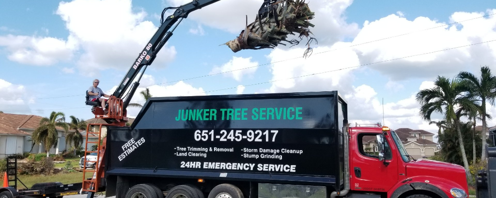 Red Jaker Tree Service truck with boom arm beside palm trees on a sunny street