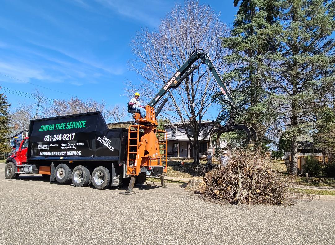 Arborist in orange gear using a bucket truck to trim a tree beside a house on a sunny day