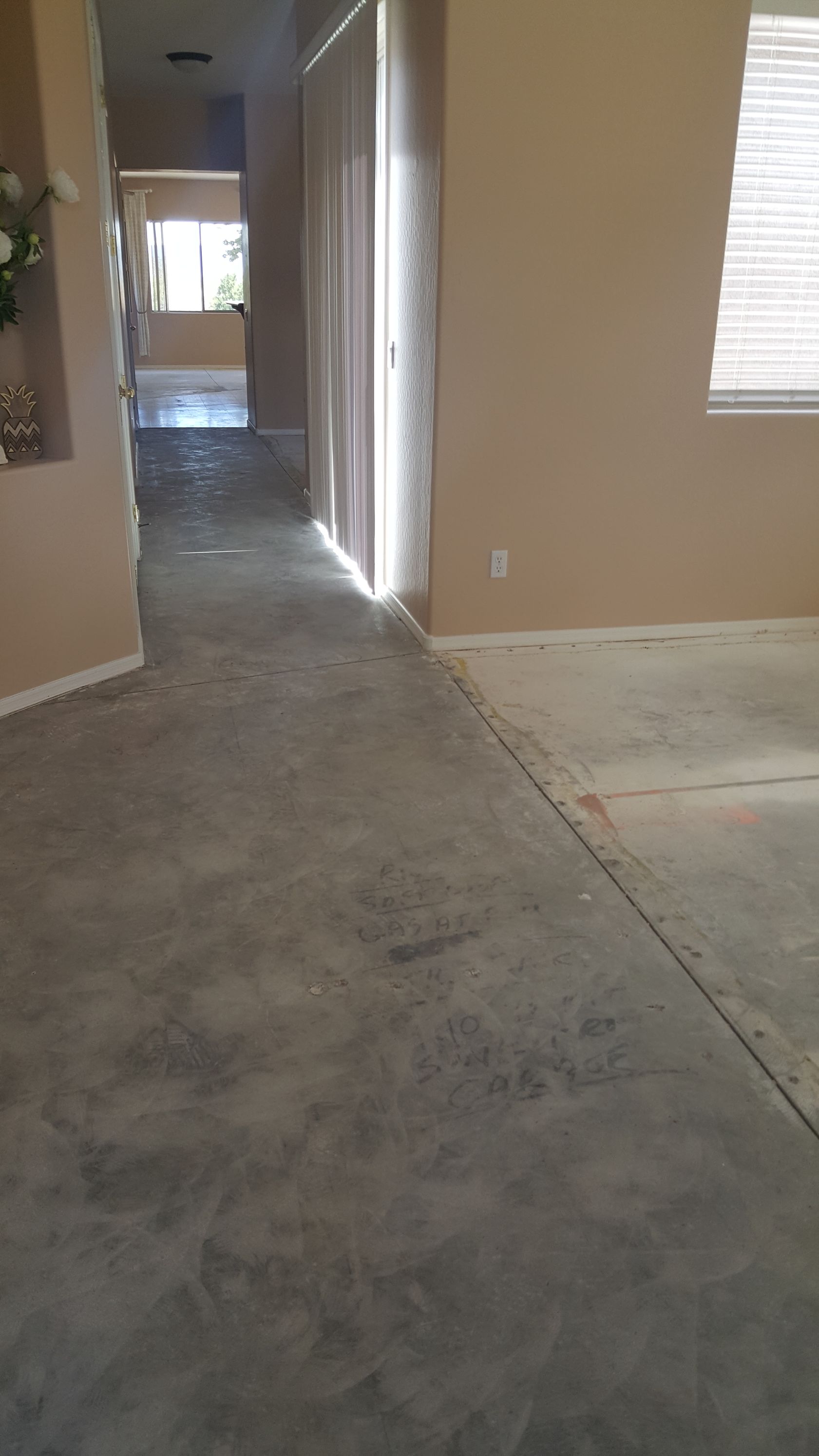 A hallway in a house with a carpeted floor and a concrete floor.