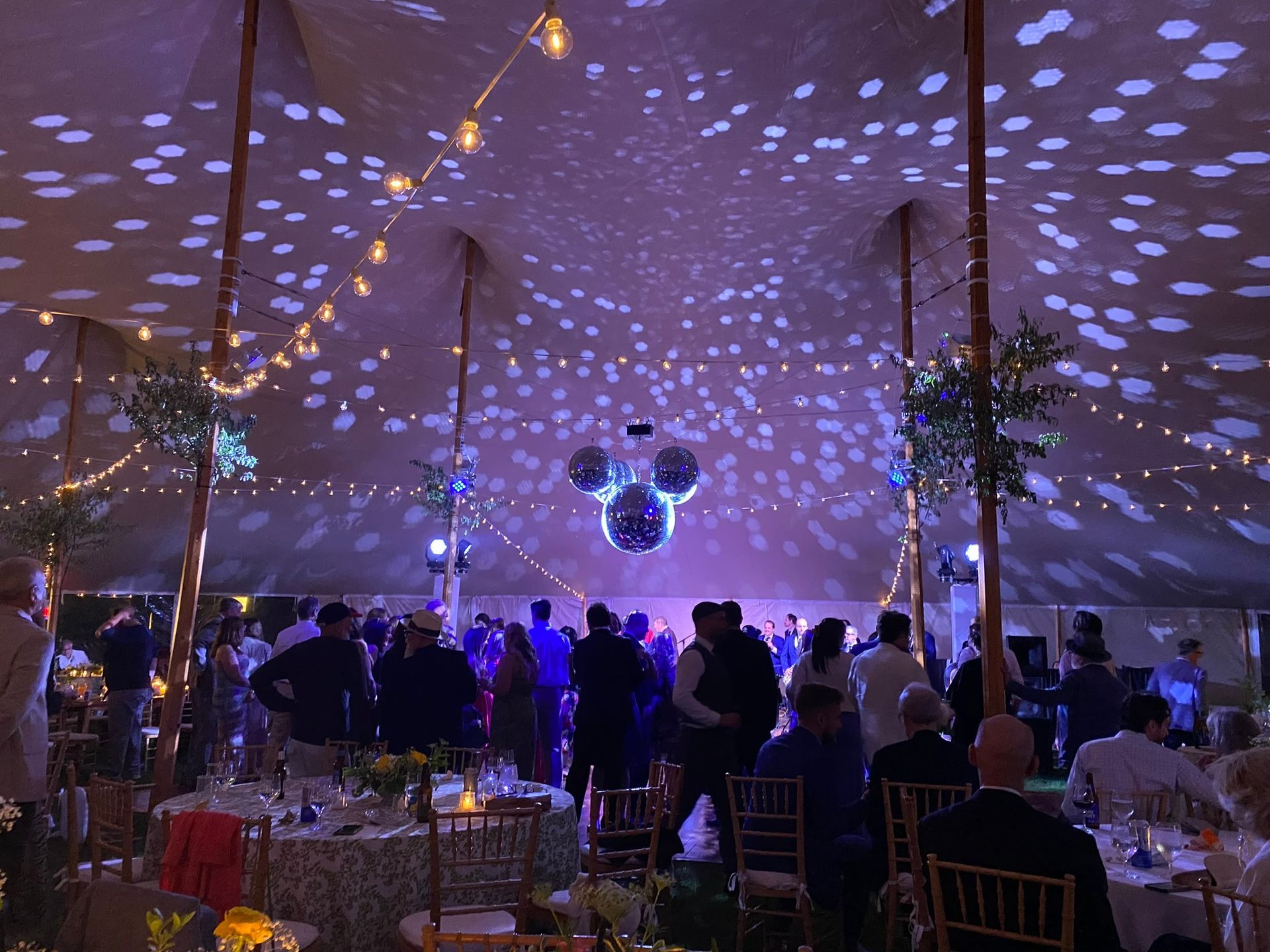 Party tent with people dancing; disco balls and string lights.