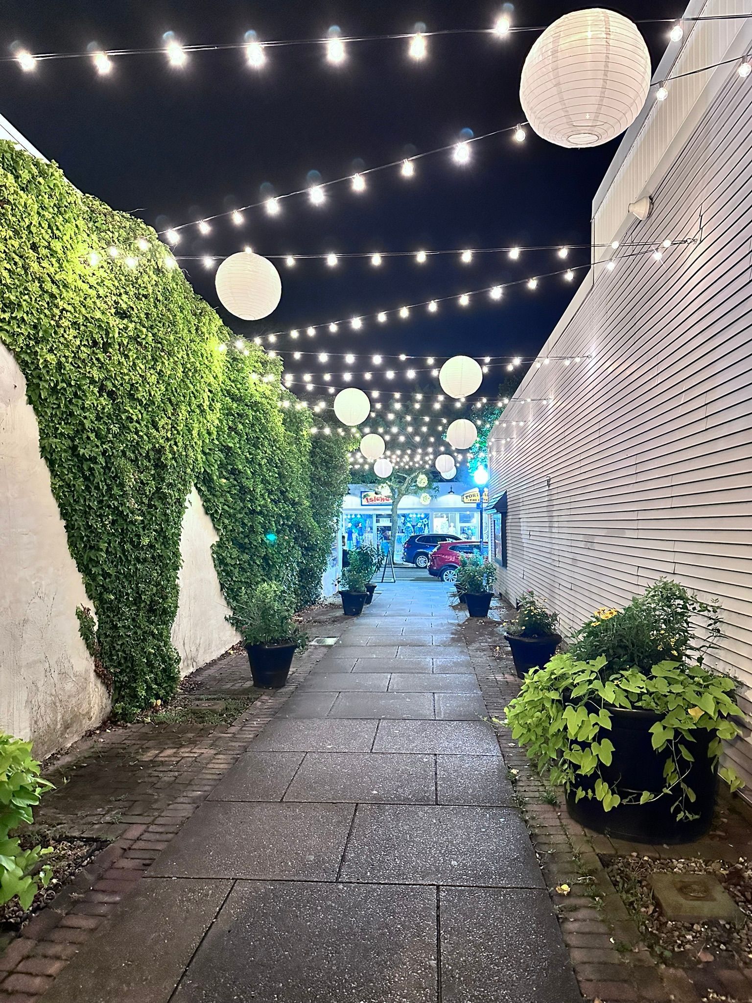 Narrow, brick-paved alleyway at night, lit by string lights and paper lanterns. Walls are covered in ivy and white patterned panels.
