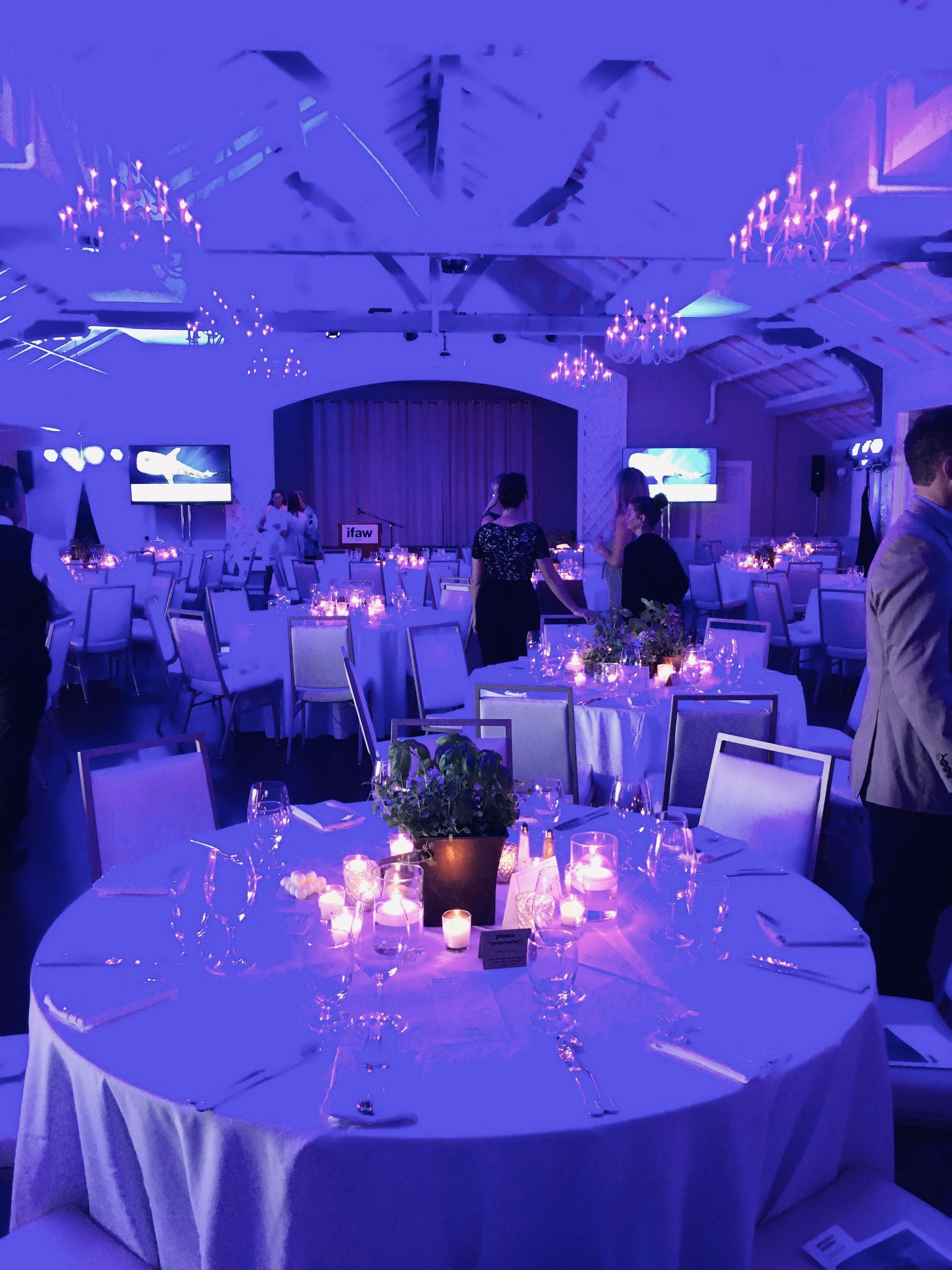 Formal event hall with round tables set for dining, lit in purple; people mingle.