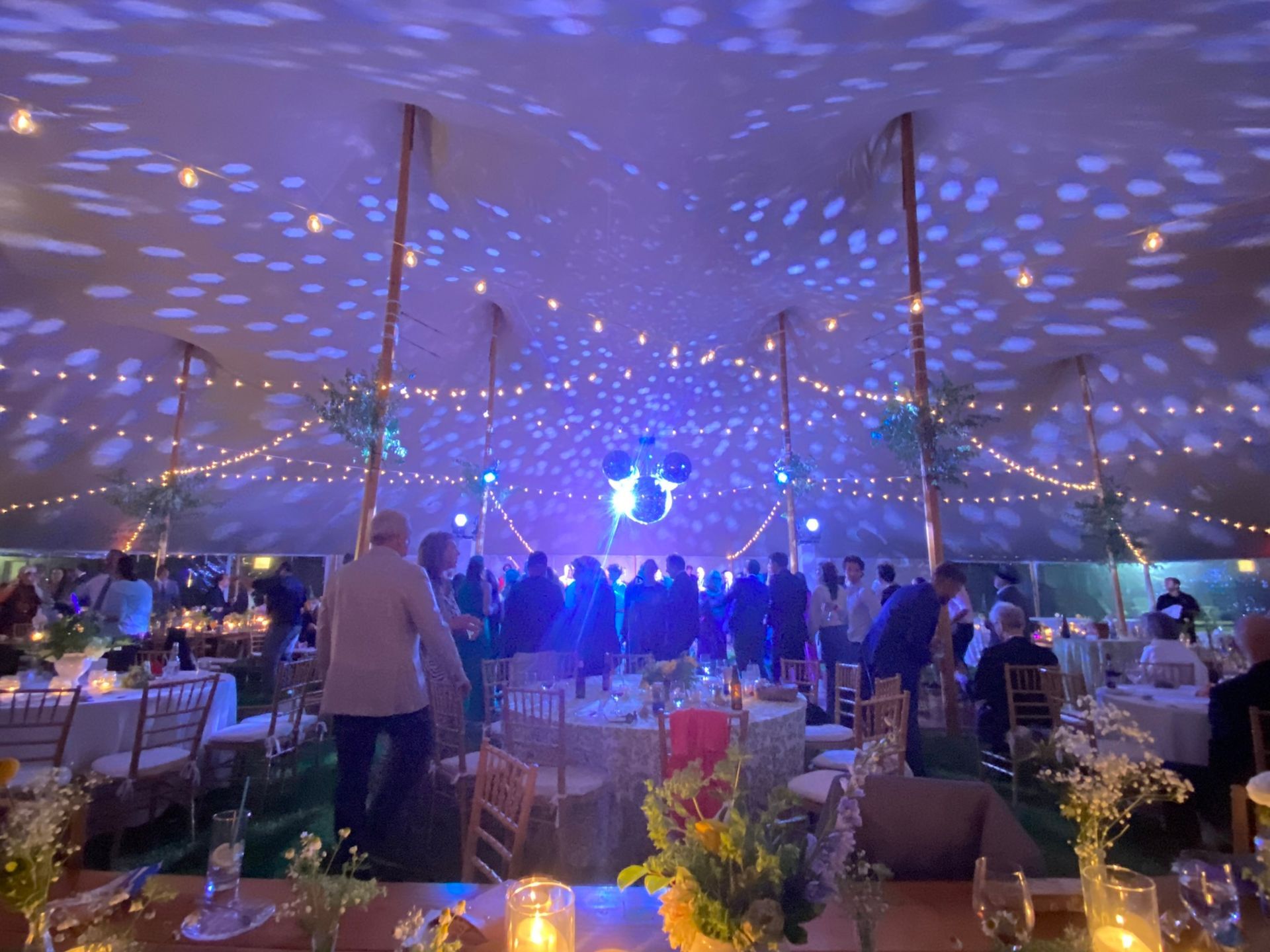 Inside a tent at a party, people dance. Disco ball and string lights illuminate guests, tables, and wooden poles.
