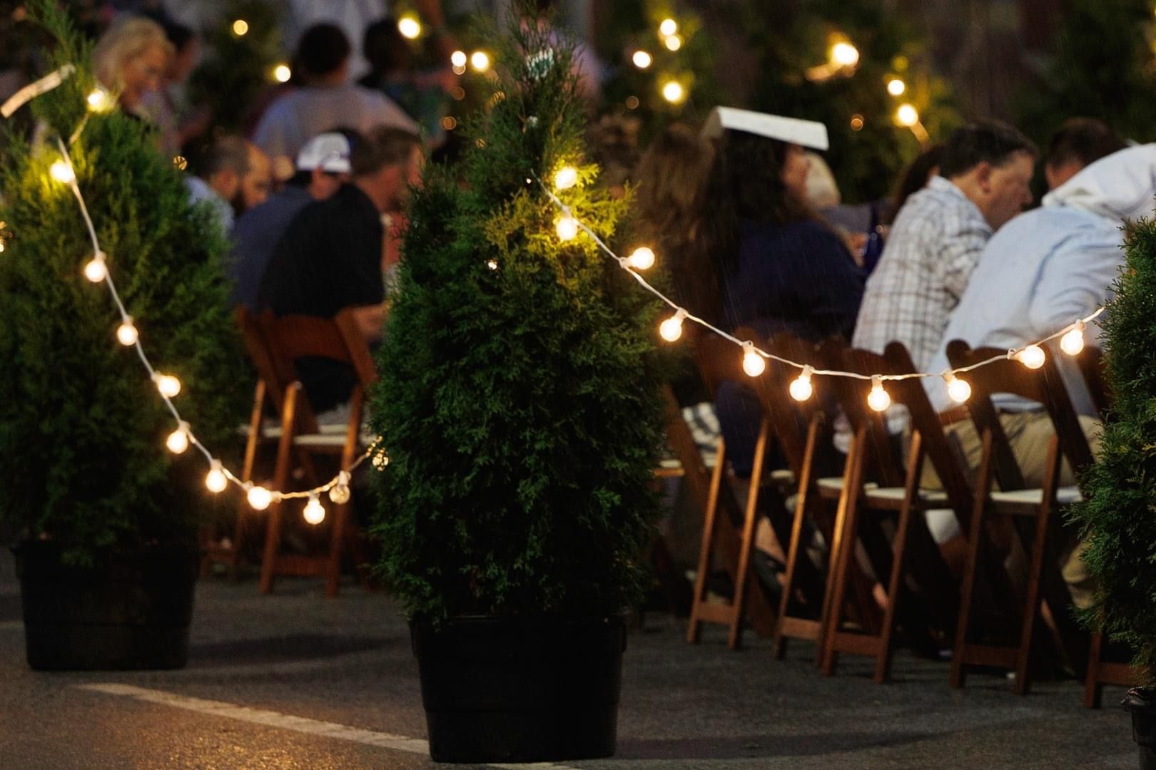 Outdoor dining with string lights draped on green trees, people seated at wooden chairs.
