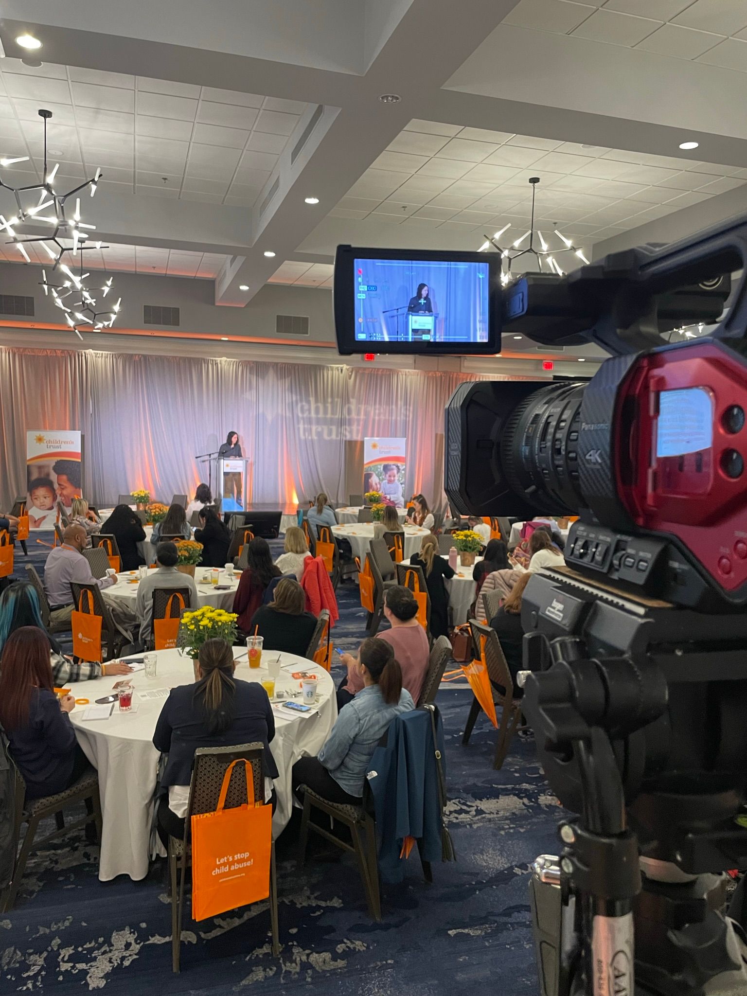 Event in a ballroom. A speaker at a podium, tables with attendees, and a video camera capturing the scene.