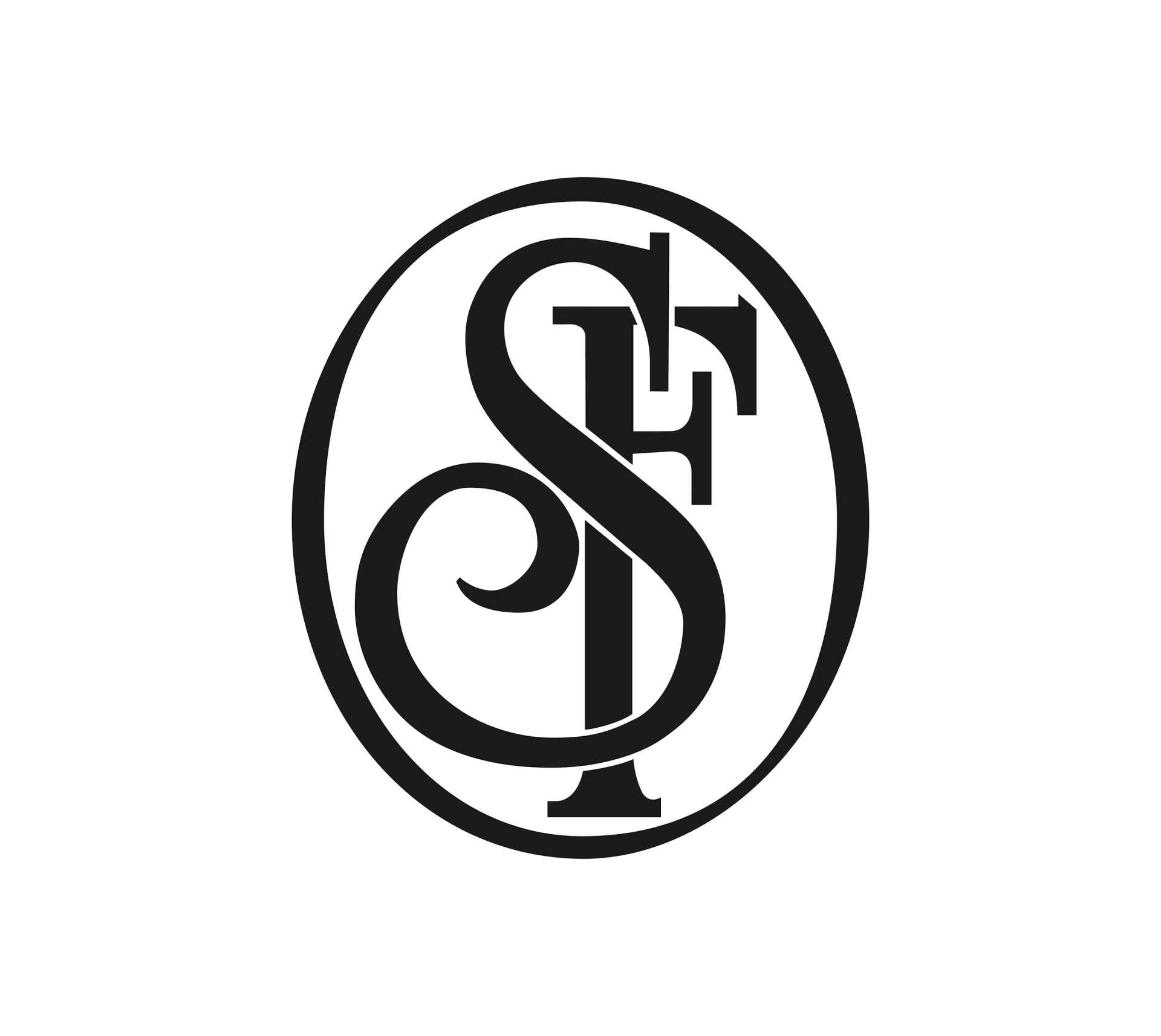 A black and white logo with the letter s and f in a circle.