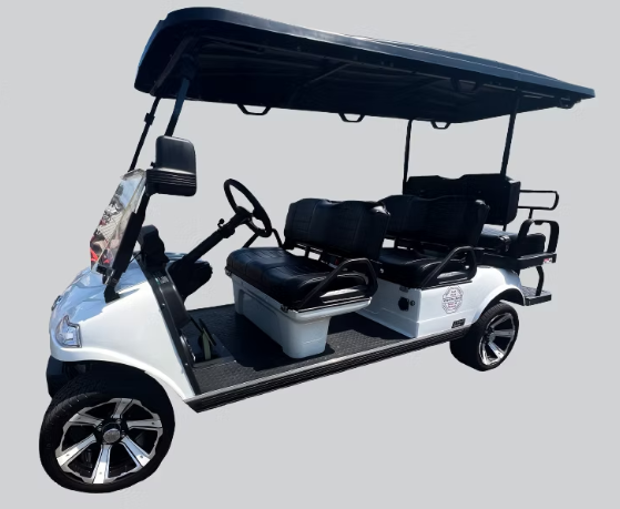 A white, four-seater golf cart with black seats and a roof, shown against a plain gray background.