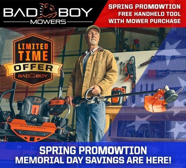 Bad Boy Mowers spring promotion ad with man, mowers, and limited-time Memorial Day savings text.