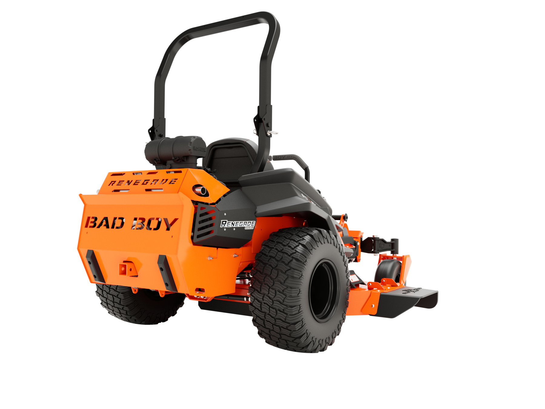 Orange Bad Boy zero-turn lawnmower, rear view, on white background.