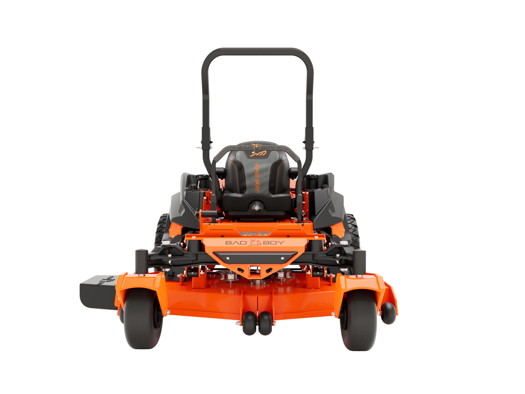 Orange and black zero-turn lawnmower, front view, handle up.