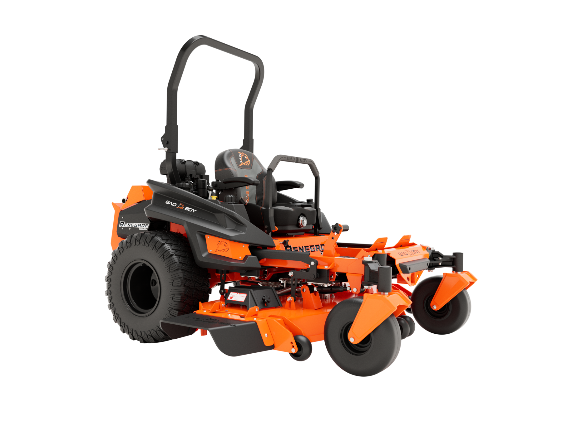Orange and black zero-turn lawn mower on a white background.