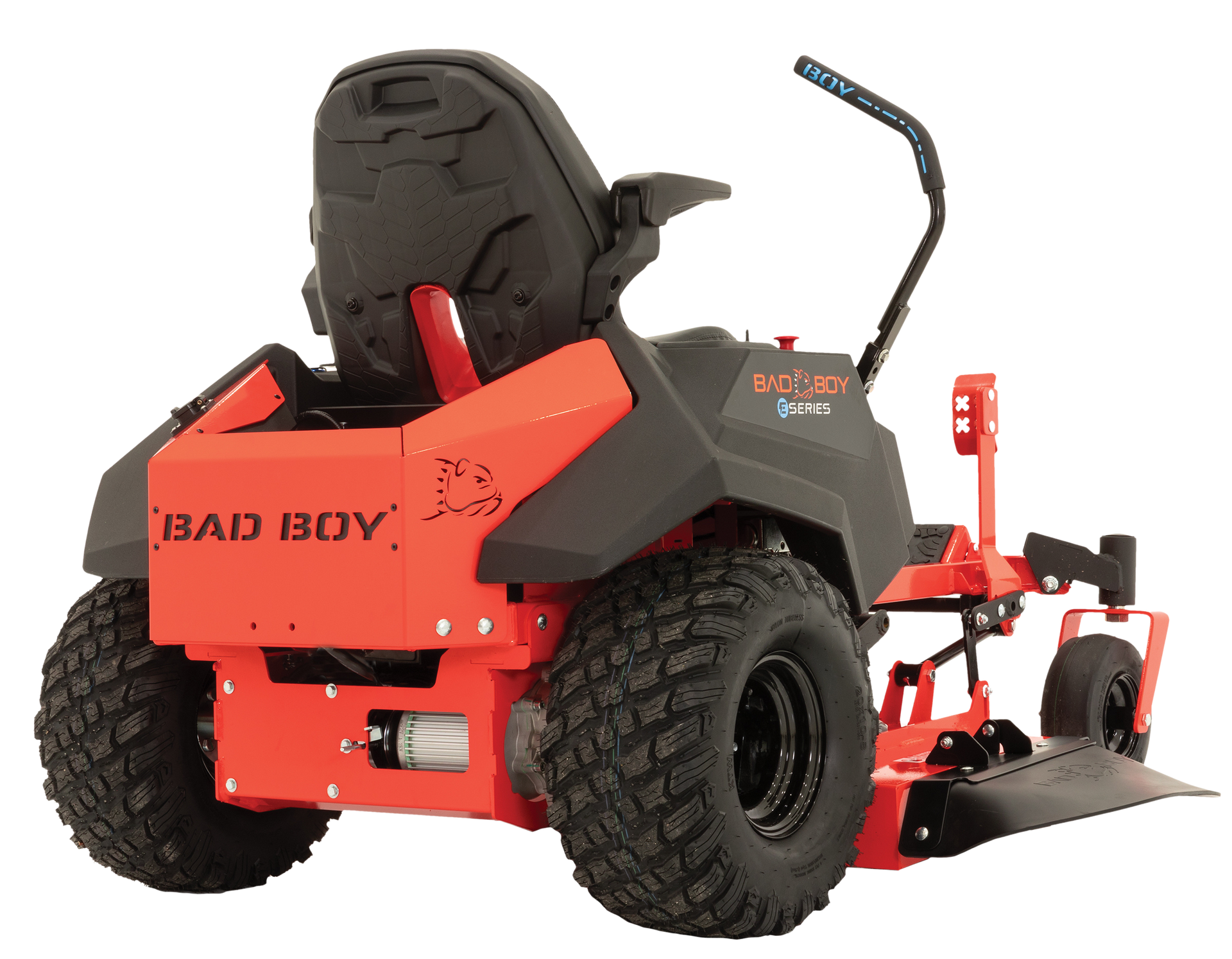 Red and black Bad Boy ZT Elite zero-turn mower with large tires.