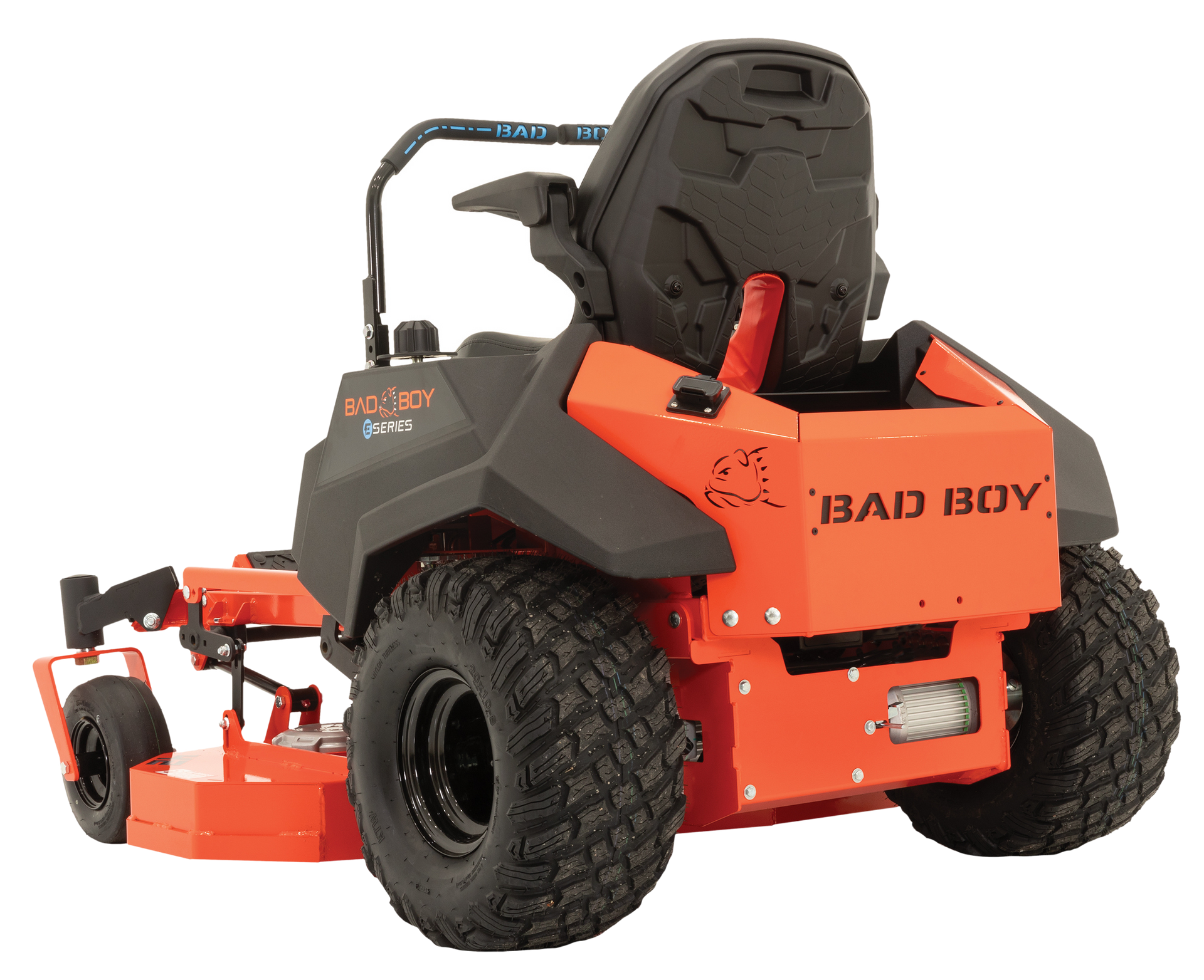Orange Bad Boy zero-turn lawnmower with black accents, large tires, and a seat.