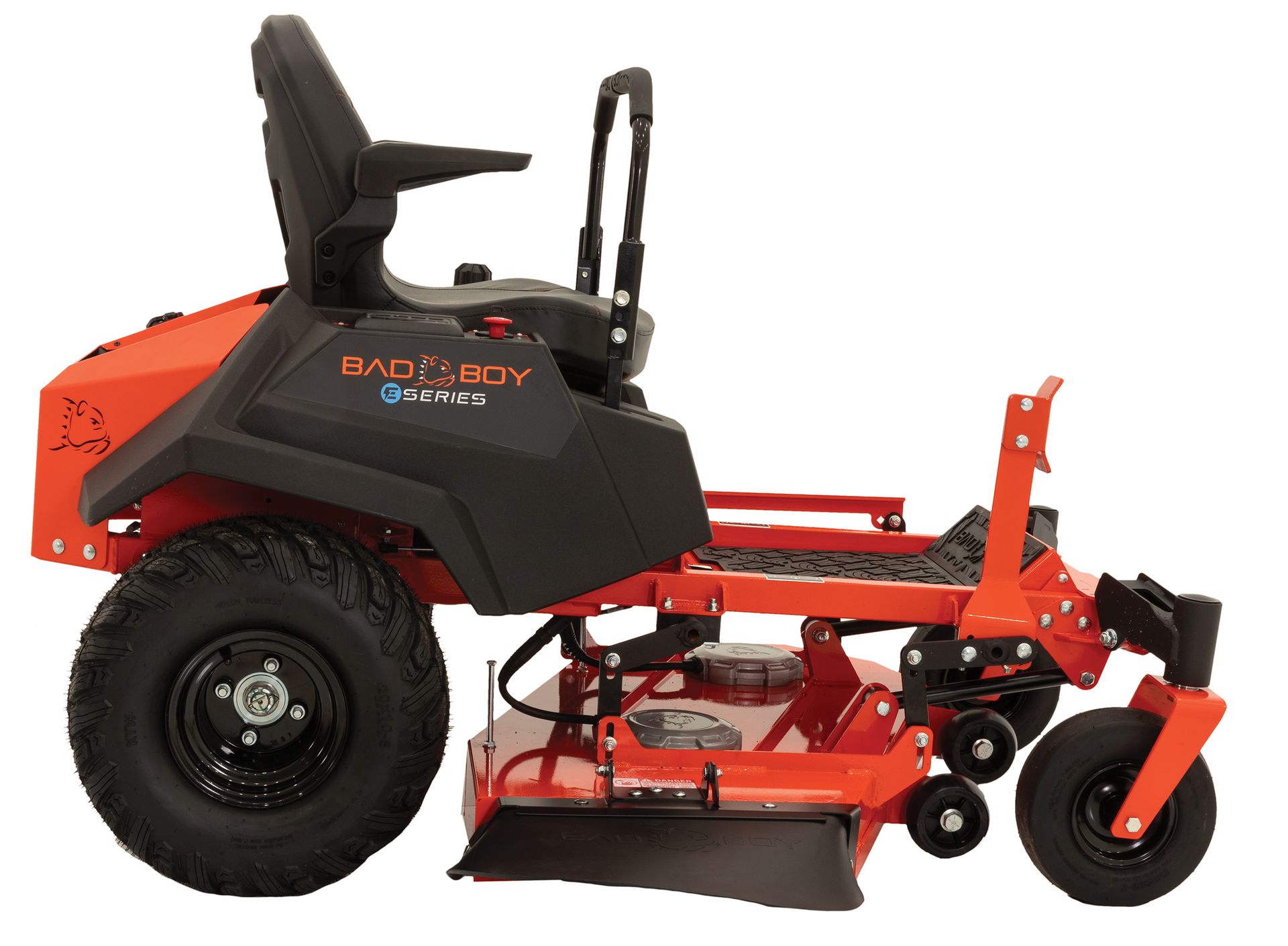 Orange and black Bad Boy zero-turn lawn mower on wheels, side view.