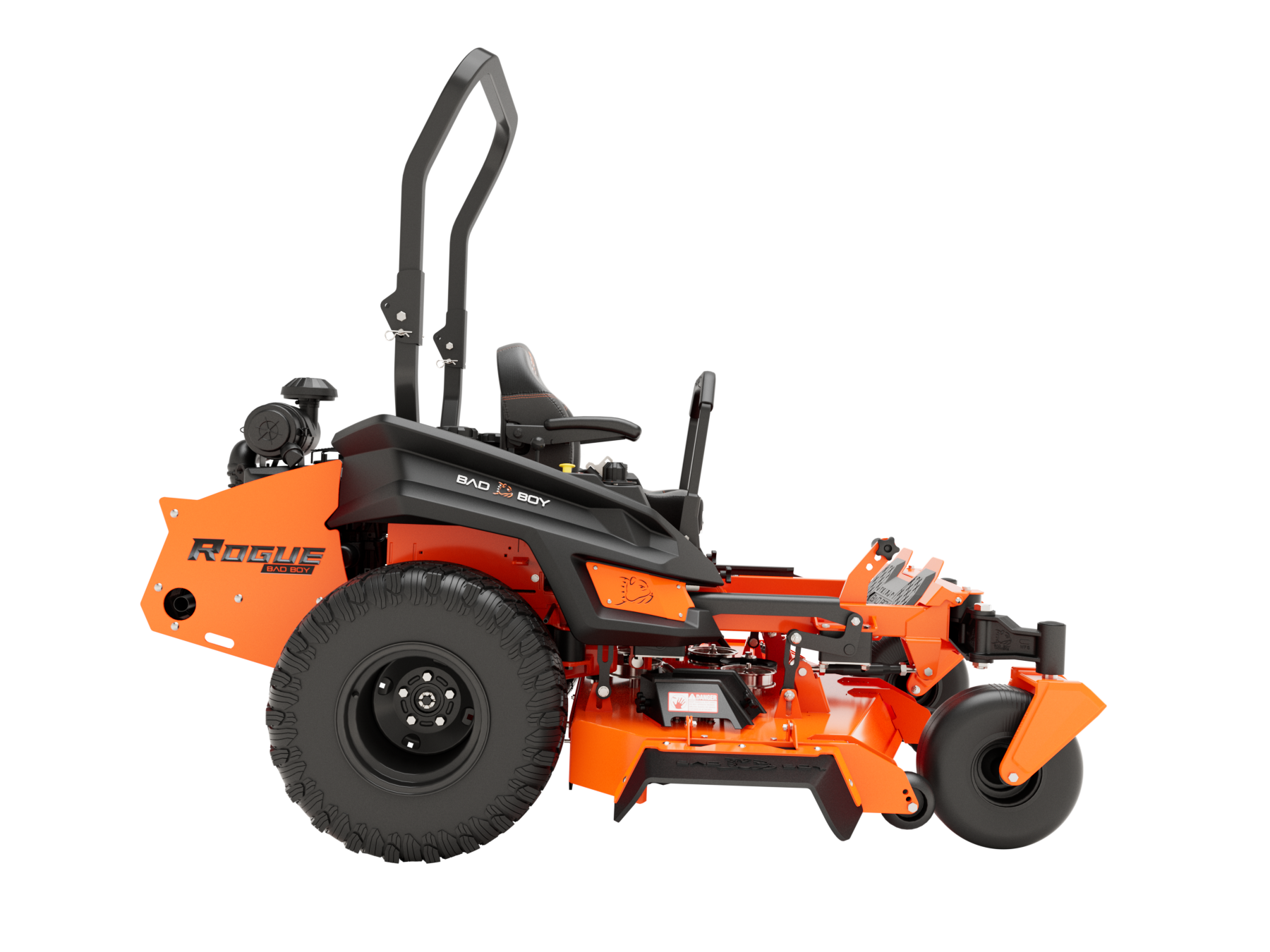 Orange Bad Boy Rogue zero-turn lawn mower on white background.