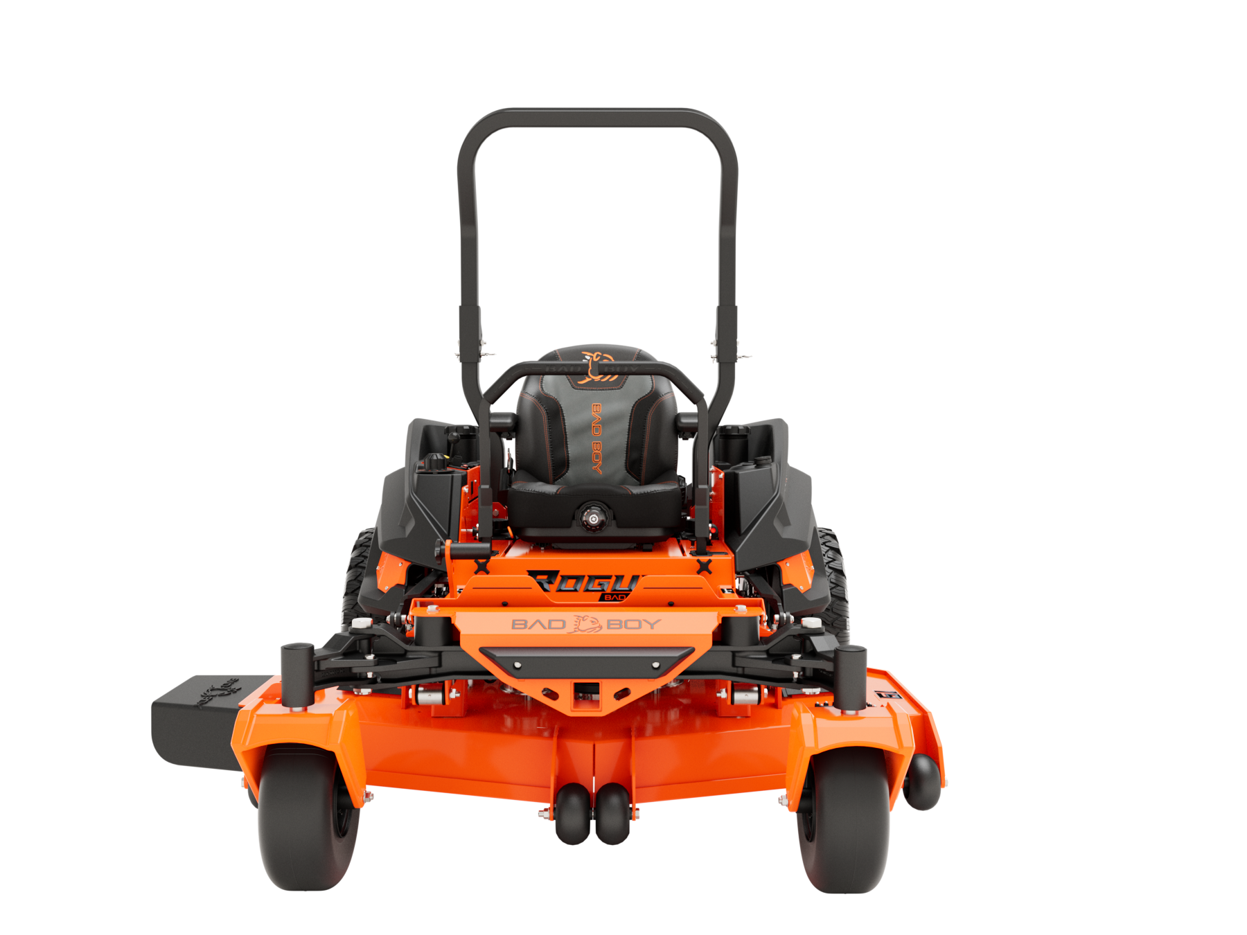 Orange and black Bad Boy zero-turn lawn mower, front view.