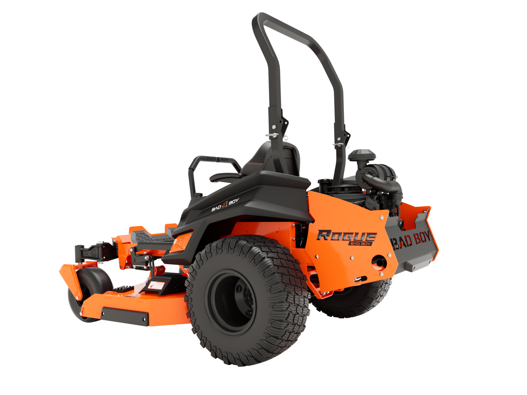 Orange Bad Boy Rogue zero-turn lawnmower on a white background.