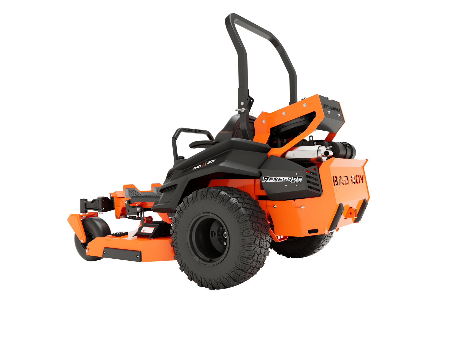 Orange and black Bad Boy zero-turn lawnmower on a white background.