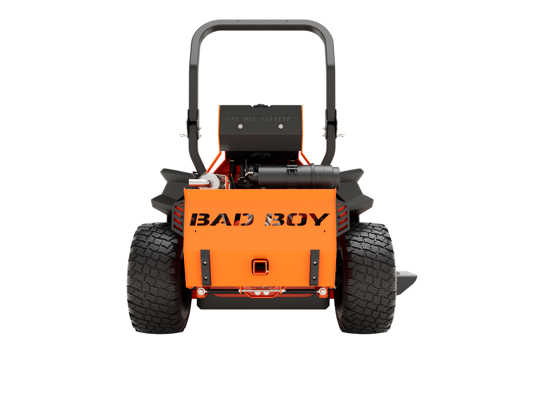 Rear view of an orange Bad Boy zero-turn mower with black tires and roll bar.