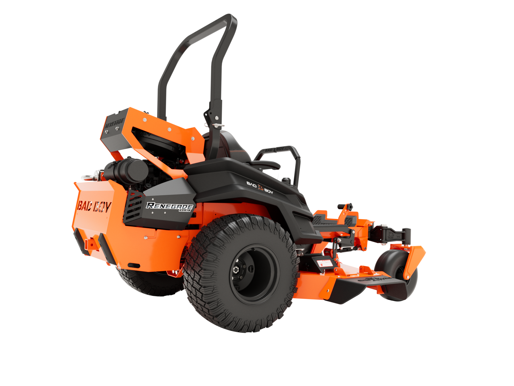 Orange and black commercial zero-turn lawnmower on a white background.