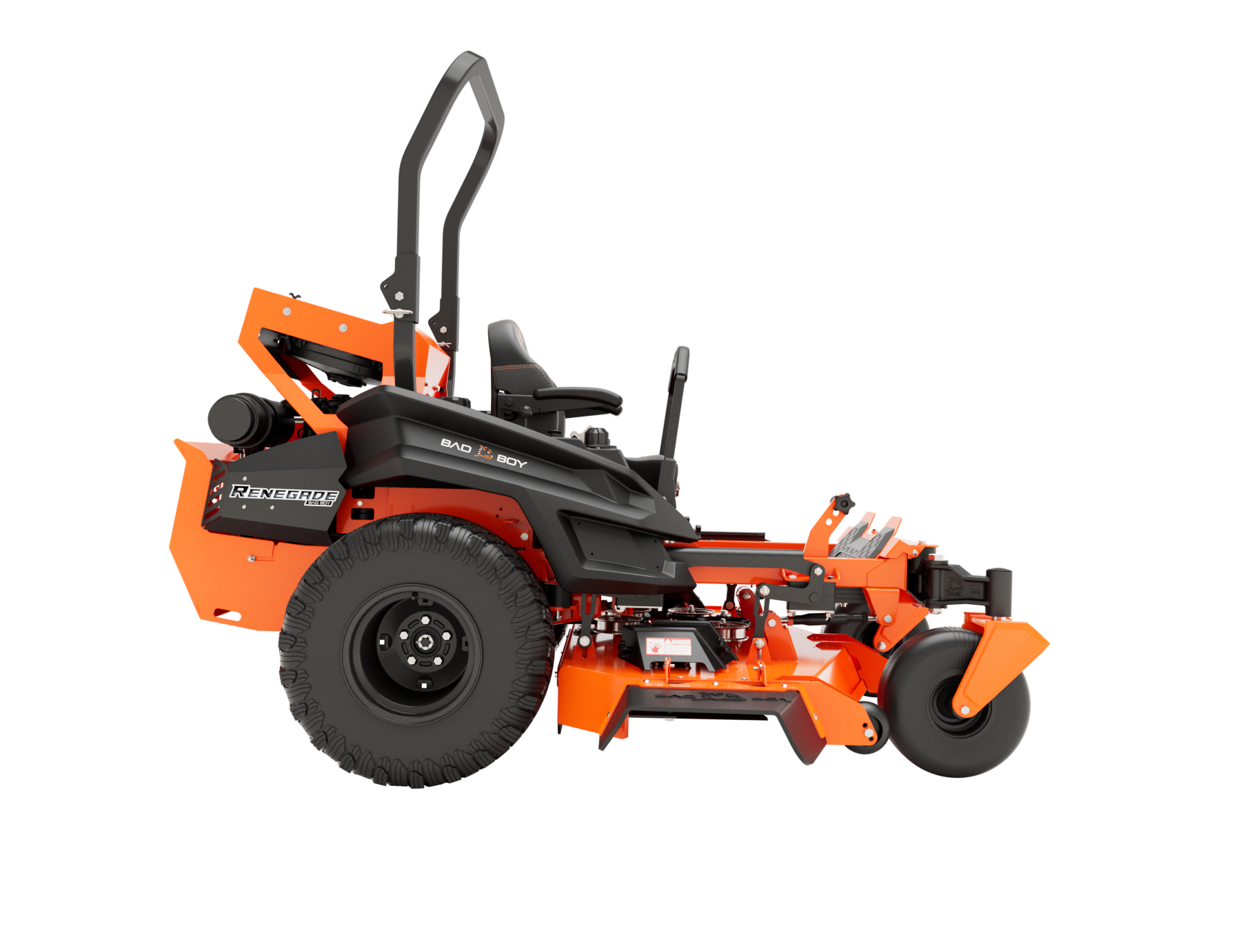 Orange and black zero-turn lawnmower on a white background.