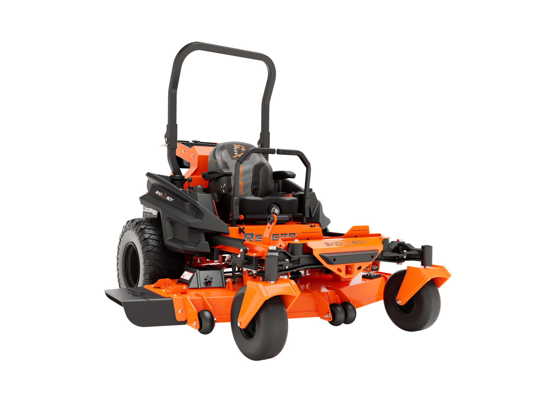 Orange and black zero-turn lawnmower on a white background.