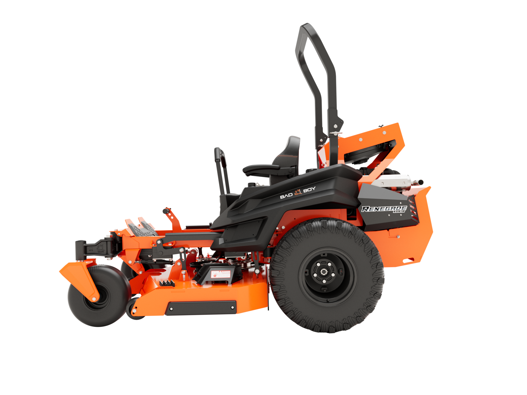 Orange and black zero-turn lawn mower on a white background.