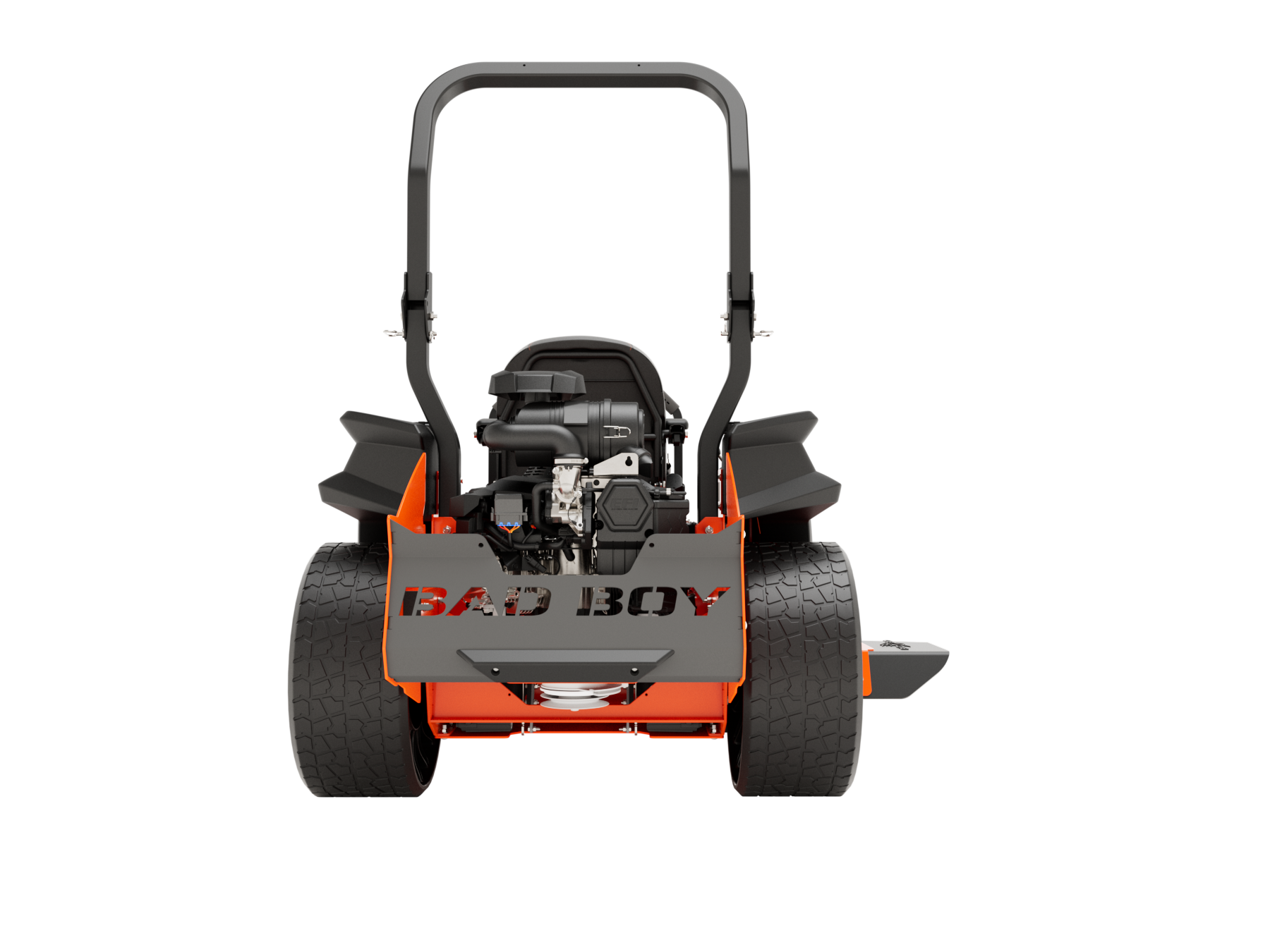 Orange and black zero-turn lawnmower on a white background.